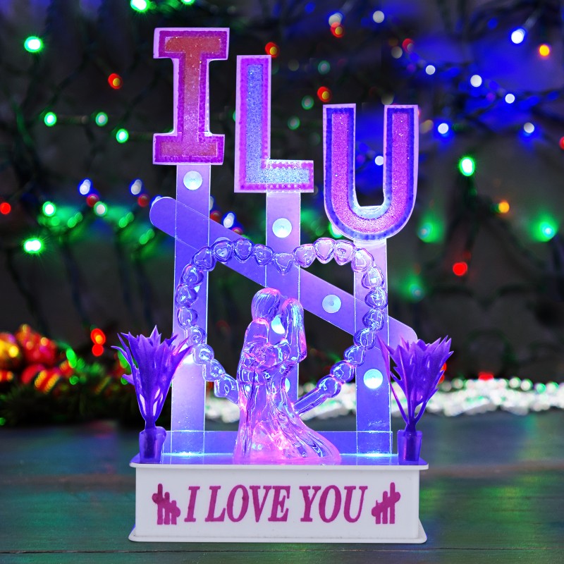 ILU LOVE Crystal Showpiece with LED Lights, Valentines Gift Romantic Couple Statue Showpiece with Crystal Figurine, Gift for Girlfriend, Boyfriend, Husband, Home Décor,
